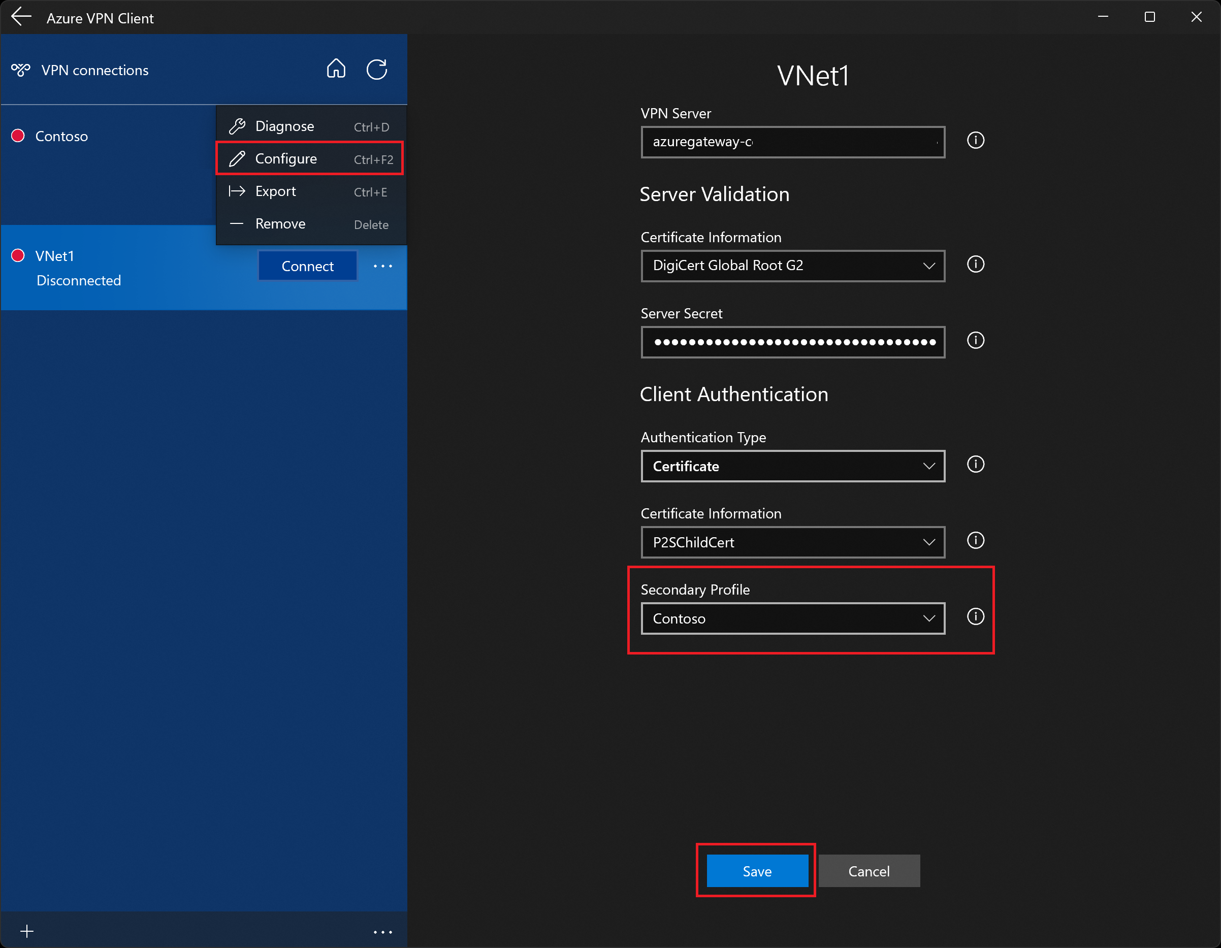 Zrzut ekranu przedstawiający stronę konfiguracji profilu klienta sieci VPN platformy Azure z profilem pomocniczym.