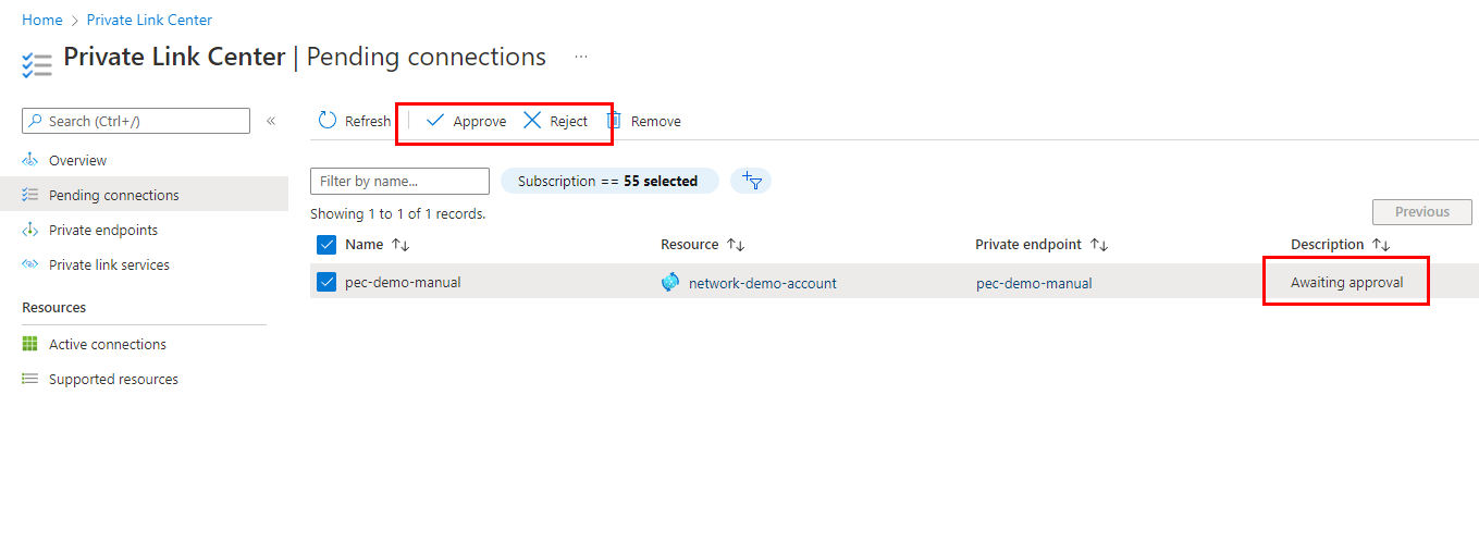 Screenshot showing the Pending Connections tab in Private Link Center.