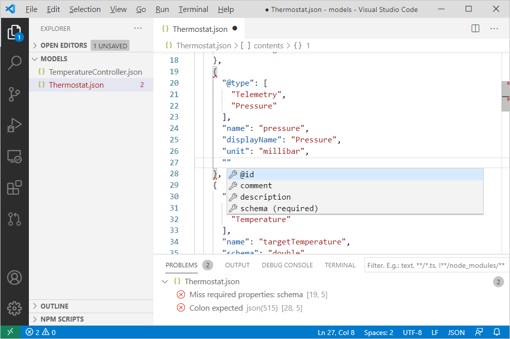 Zrzut ekranu przedstawiający funkcję IntelliSense dla modeli DTDL w programie VS Code.