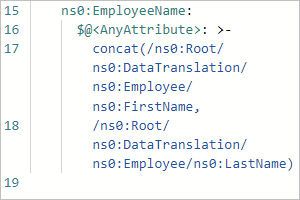 Screenshot showing code view with complex mapping relationship between source and target elements.