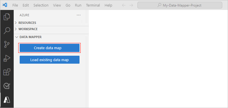 Zrzut ekranu przedstawiający program Visual Studio Code z oknem platformy Azure i wybranym przyciskiem Create data map (Utwórz mapę danych).
