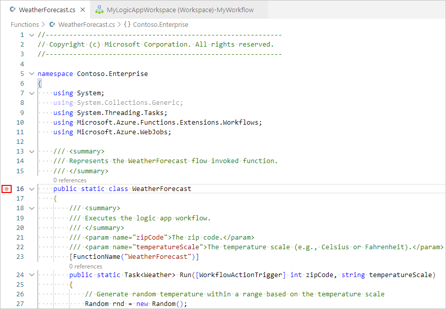 Zrzut ekranu przedstawia program Visual Studio Code i otwarty plik kodu funkcji z punktem przerwania ustawionym dla wiersza w kodzie.