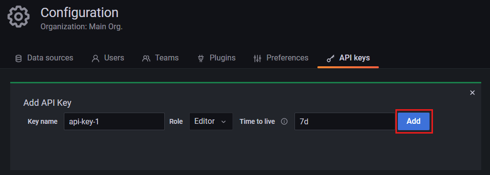 Zrzut ekranu przedstawiający pulpit nawigacyjny narzędzia Grafana. Formularz tworzenia interfejsu API jest wypełniony.