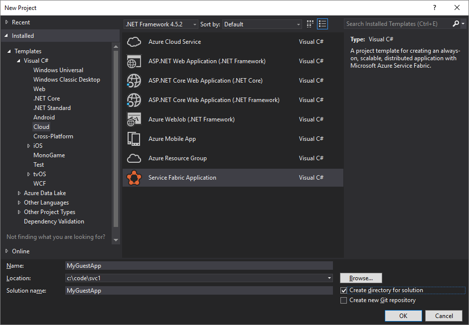 Okno dialogowe nowego projektu w programie Visual Studio