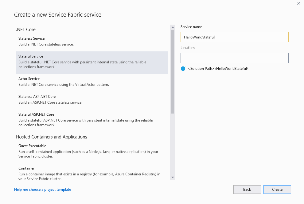 Użyj okna dialogowego Nowy projekt, aby utworzyć nową usługę stanową usługi Service Fabric