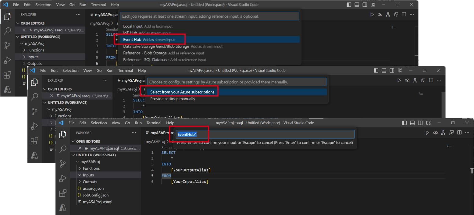 Zrzut ekranu rozszerzenia VSCode przedstawiający serię kroków konfiguracji danych wejściowych centrum zdarzeń.