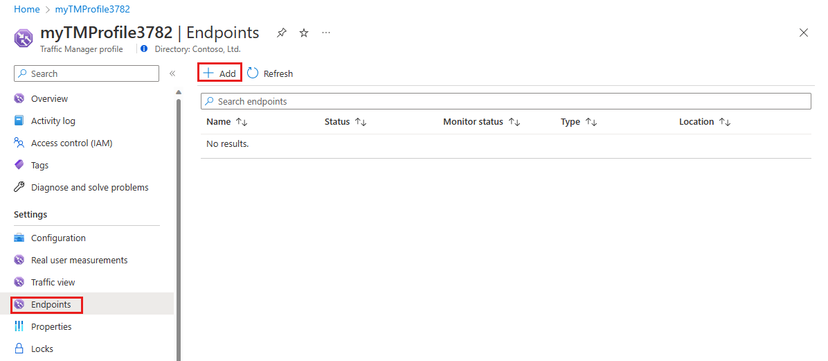 Zrzut ekranu przedstawiający dodawanie punktu końcowego usługi Traffic Manager.