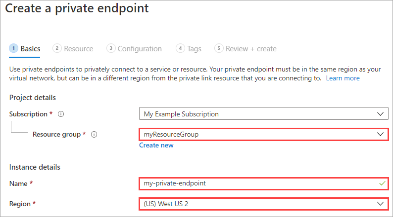 Zrzut ekranu przedstawiający przepływ pracy tworzenia prywatnego punktu końcowego w pierwszym okienku. Jeśli nie wybierzesz odpowiedniego regionu, możesz napotkać problemy później.