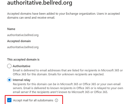 The screen on which the user configures acceptance of emails from all subdomains.