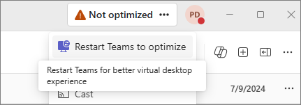Screenshot of the Teams app showing it is not optimized.