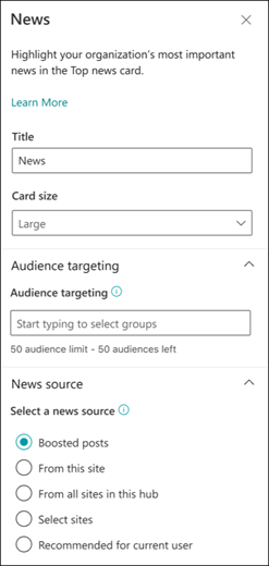 Screenshot showing the News card properties pane.