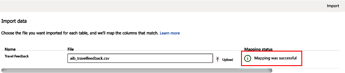 Zrzut ekranu ekranu Importuj dane pokazujący, że mapowanie powiodło się.