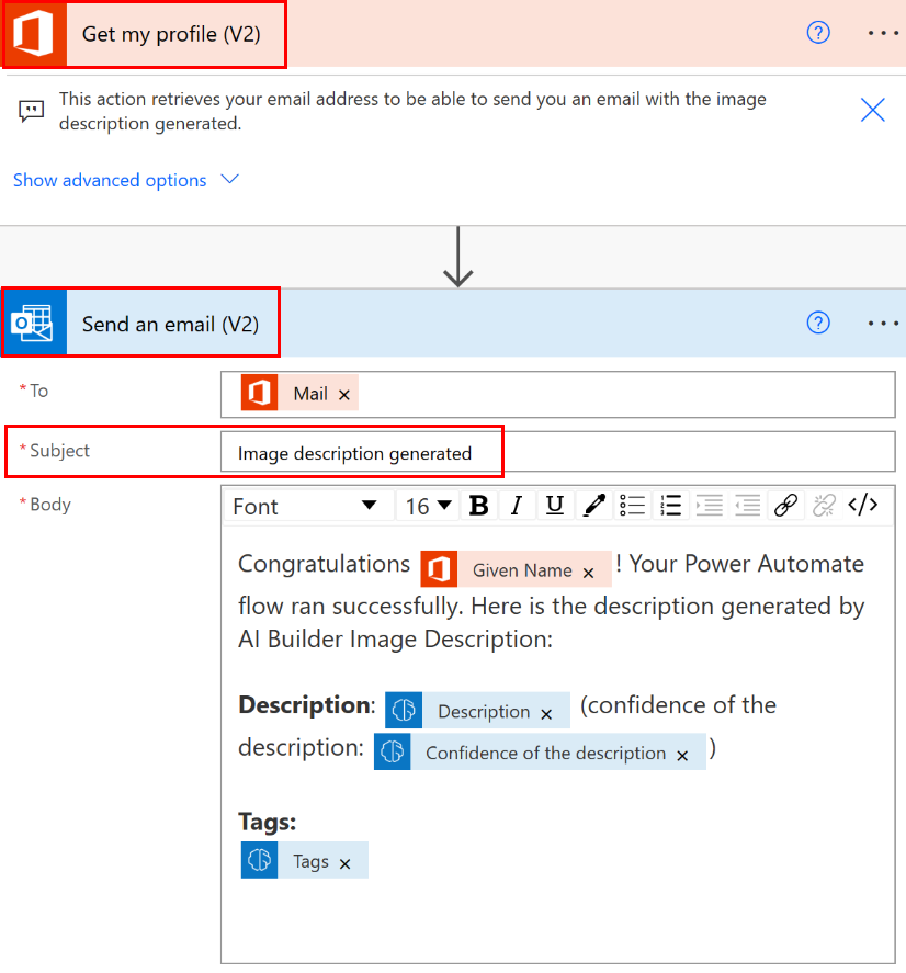 Zrzut ekranu przedstawiający wysłanie przez e-mail opisu obrazu przy użyciu akcji Pobierz mój profil i Wyślij e-mail.