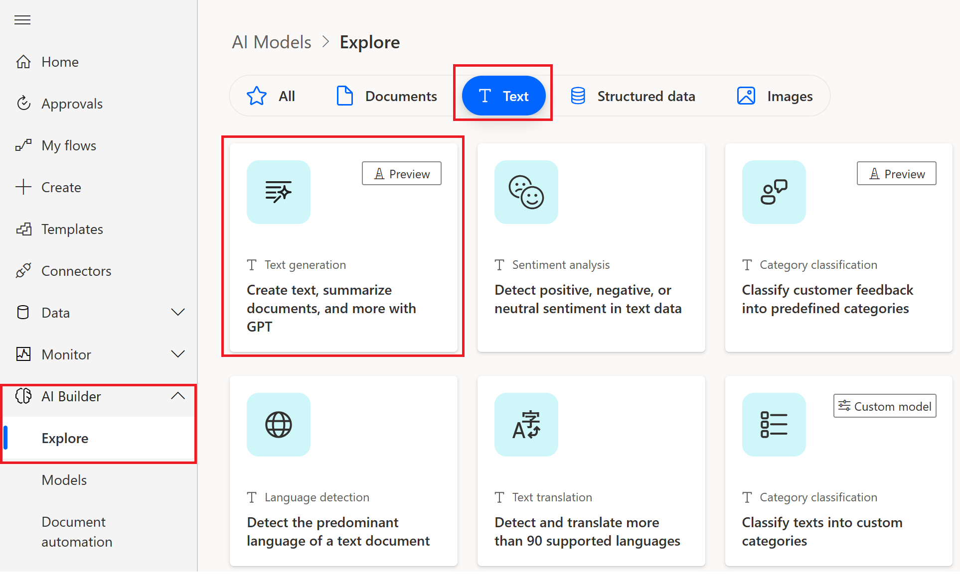 Zrzut ekranu przedstawiający funkcję generowania tekstu na stronie eksplorowania AI Builder.