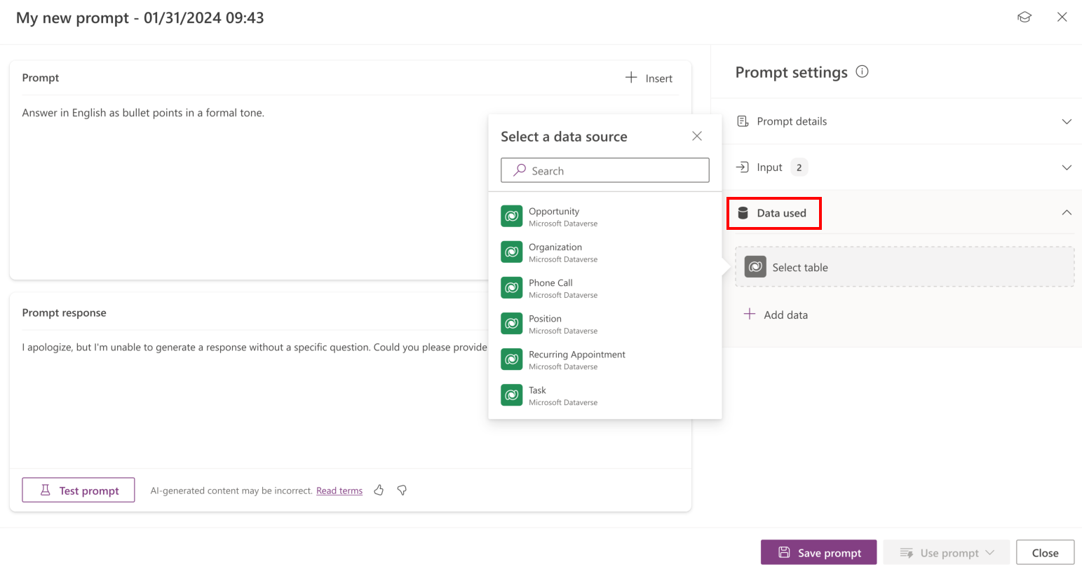 Zrzut ekranu pokazujący, jak wybrać tabelę Dataverse jako dane do wykorzystania w kreatorze promptów.