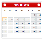 Zrzut ekranu przedstawiający kalendarz j Query UI 1 punkt 12 point 0 z motywem Blitzer.