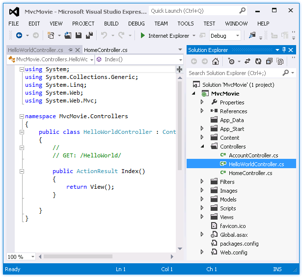 Zrzut ekranu przedstawiający kartę Hello world Controller dot c s. Hello world Controller dot c s jest zaznaczona w folderze Controllers w oknie Eksplorator rozwiązań.