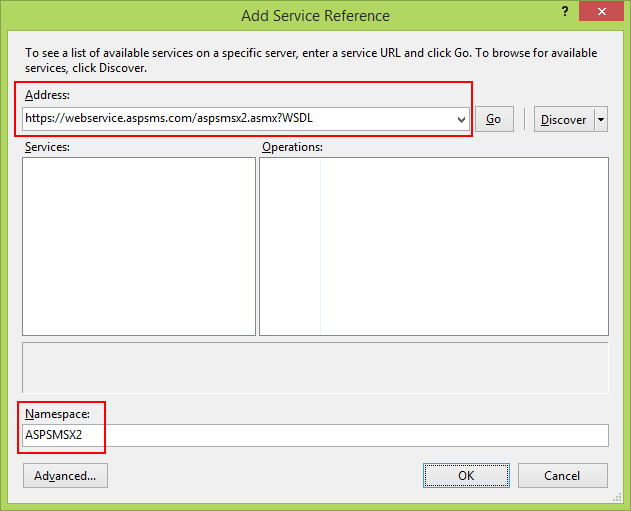 Zrzut ekranu przedstawiający okno Dodawanie odwołania do usługi. Paski wejściowe Adres i Przestrzeń nazw są wyróżnione.