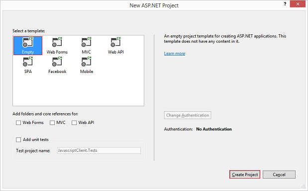 Zrzut ekranu przedstawiający ekran New A S P dot NET Project z zaznaczonym szablonem Empty (Pusty) i wyróżnioną opcją Create Project (Utwórz projekt).