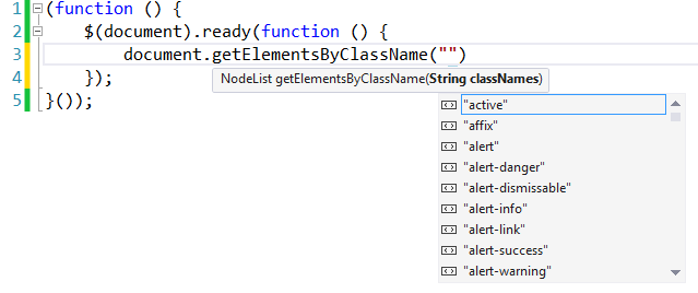 Wyświetlanie funkcji IntelliSense dla funkcji getElementsByClassName