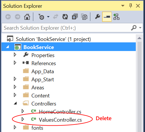 Zrzut ekranu przedstawiający okno Eksplorator rozwiązań z plikiem Values Controllers dot c s wyróżnionym na czerwono wskazującym, że musi zostać usunięty.