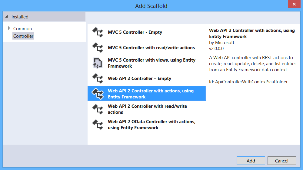 Zrzut ekranu przedstawiający okno dialogowe Dodawanie szkieletu z wyróżnioną na niebieską opcją Web A P I 2 Controller with actions using Entity Framework (Dodawanie szkieletu).