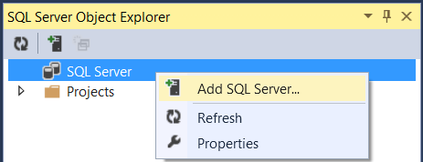 Zrzut ekranu przedstawiający Eksplorator obiektów serwera S Q L Server wyróżniony na niebiesko i wyróżniony element Dodaj serwer S Q L w kolorze żółtym.