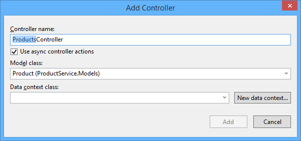 Zrzut ekranu przedstawiający okno dialogowe dodawanie kontrolera, wyświetlanie pól dla nazwy kontrolera, listy rozwijanej klasy modelu i klasy kontekstu danych.