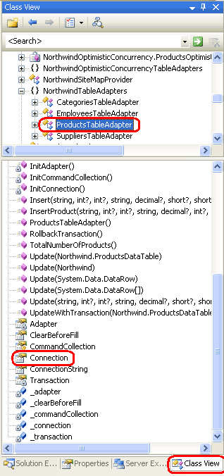 Kliknij dwukrotnie właściwość połączenia w widoku klasy, aby wyświetlić kod wygenerowany automatycznie