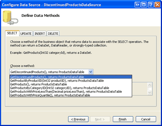 Wybierz metodę GetDiscontinuedProducts z listy rozwijanej na karcie SELECT