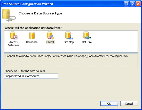 Tworzenie nowego obiektu ObjectDataSource o nazwie SuppliersProductsDataSource