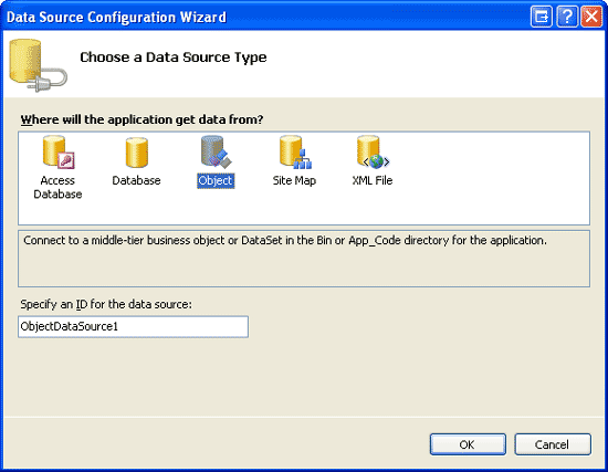 Wybierz opcję utworzenia nowego obiektuDataSource