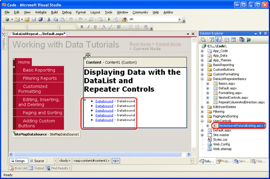 Dodaj kontrolkę Użytkownika SectionLevelTutorialListing.ascx, aby Default.aspx