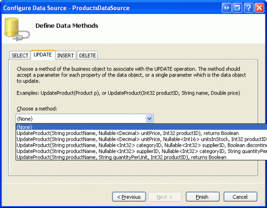 Ustaw Drop-Down Listy na kartach UPDATE, INSERT i DELETE na wartość (Brak)