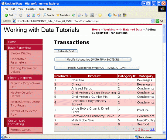 Produkty są wyświetlane w stronicowalnym kącie GridView