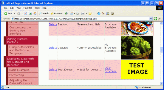 Po wstawieniu kategorii testowej jest ona wyświetlana w elemecie GridView