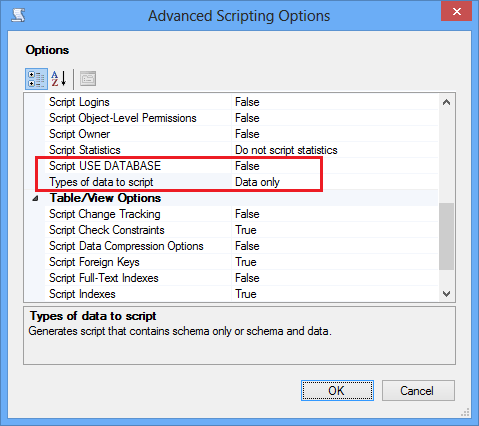 Tylko dane skryptu programu SSMS, bez instrukcji USE