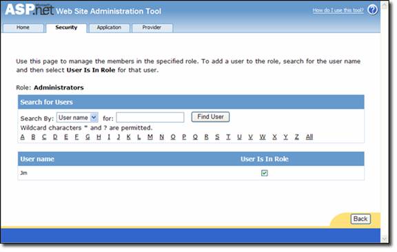 Zrzut ekranu przedstawiający narzędzie administracyjne witryny sieci Web S P N E T z przyciskiem Znajdź użytkownika.