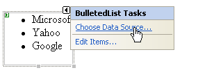 Zrzut ekranu przedstawiający menu rozwijane Zadania listy punktowanej nad nieuporządkowaną listą z opcją Wybierz źródło danych po umieszczeniu wskaźnika myszy.