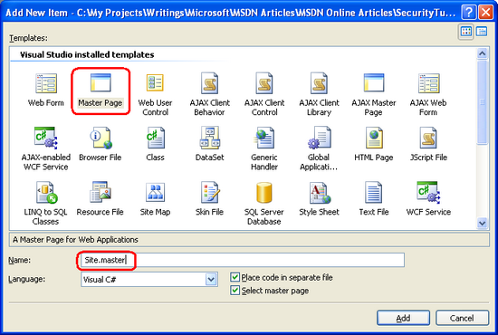 Dodawanie strony wzorcowej o nazwie Site.master do witryny sieci Web