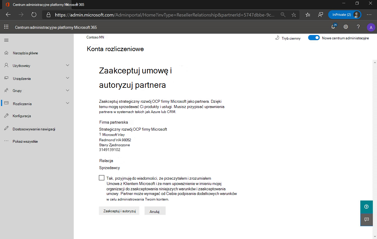 Zrzut ekranu przedstawiający stronę Akceptowanie umowy i autoryzowanie partnera.