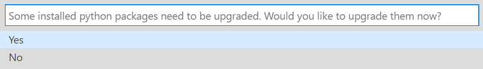 Zrzut ekranu przedstawiający okno dialogowe z monitem o zaktualizowanie pakietów języka Python.