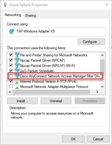 Tap-Windows adapter properties showing Cisco AnyConnect item unselected