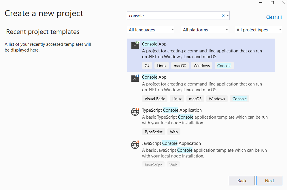 Zrzut ekranu przedstawiający stronę tworzenia nowego projektu w programie Visual Studio 2022.