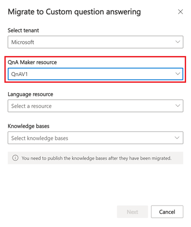 Migrowanie usługi QnAMaker z czerwonym polem wyboru wokół opcji wyboru zasobu QnAMaker