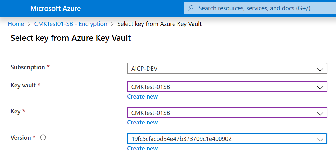 Zrzut ekranu przedstawiający stronę Select key from Azure Key Vault (Wybieranie klucza z usługi Azure Key Vault) w witrynie Azure Portal. Pola Subskrypcja, Magazyn kluczy, Klucz i Wersja zawierają wartości.