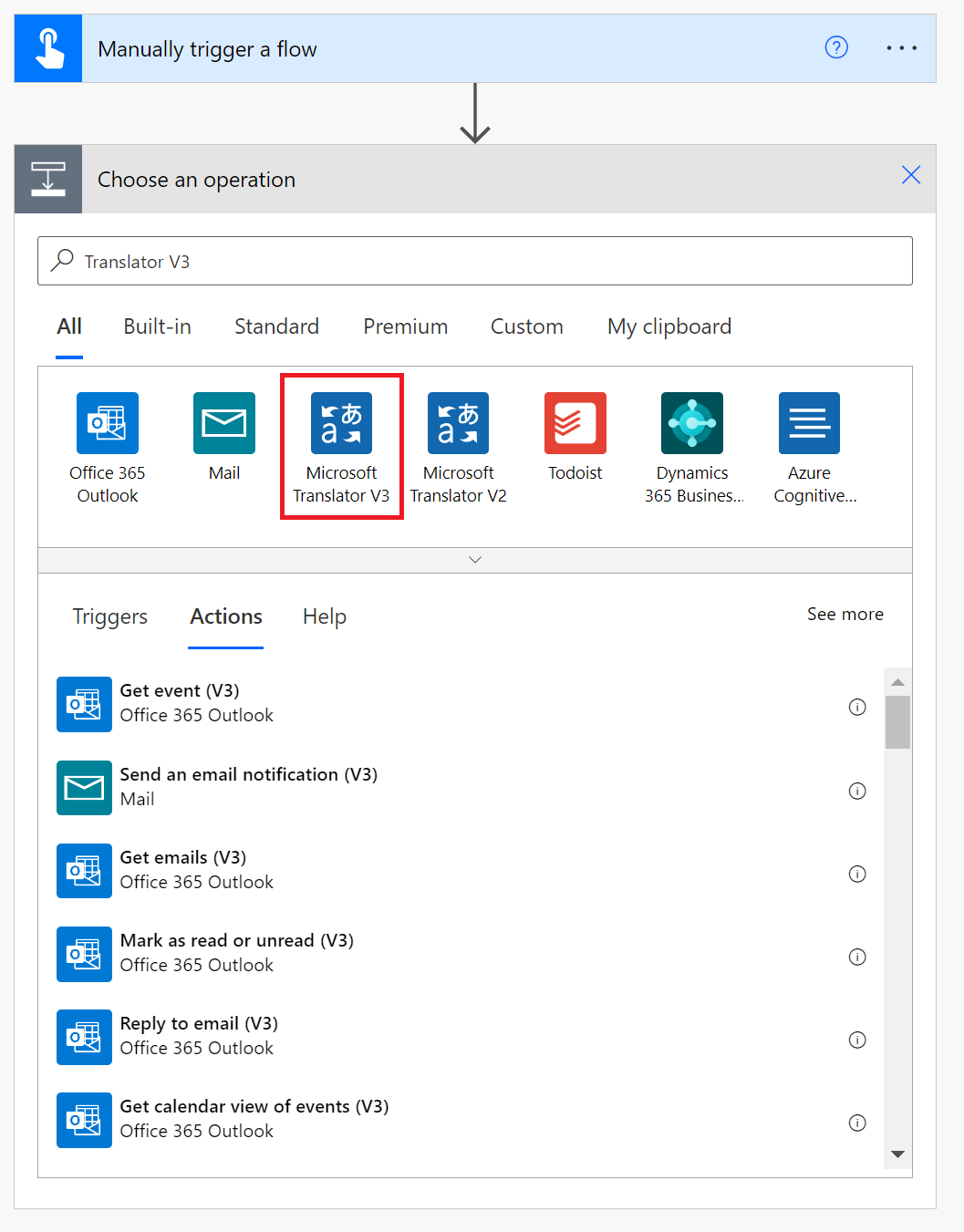 Screenshot showing the selection of Translator V3 as the next flow step.