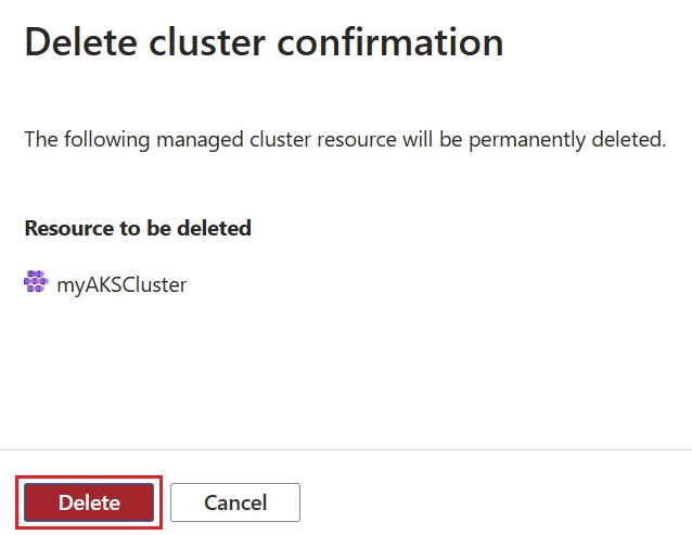 Zrzut ekranu przedstawiający ekran potwierdzenia Usuwania klastra.