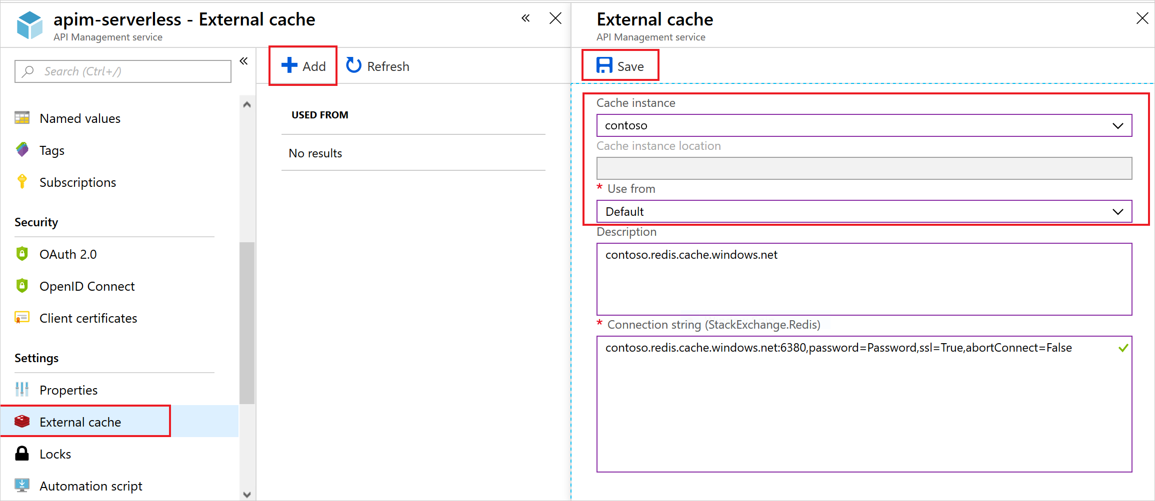 Zrzut ekranu przedstawiający sposób dodawania zewnętrznej pamięci podręcznej Azure Cache for Redis w usłudze Azure API Management.