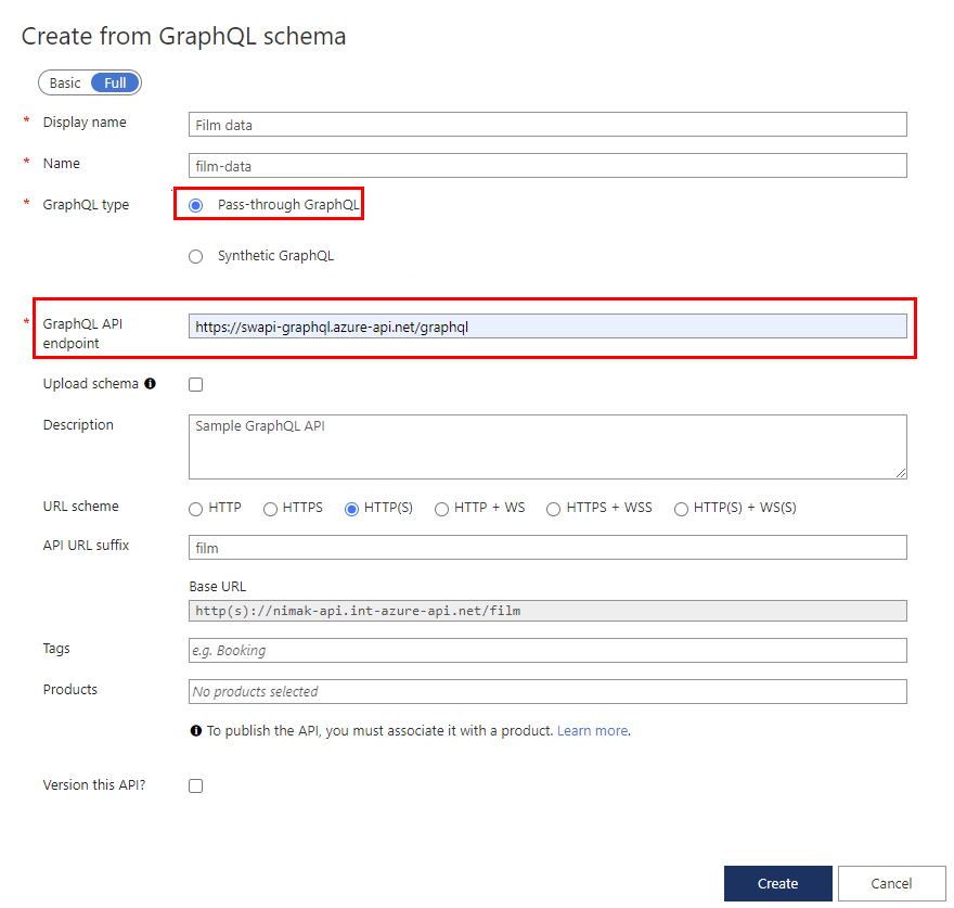 Zrzut ekranu przedstawiający pola służące do tworzenia interfejsu API GraphQL.